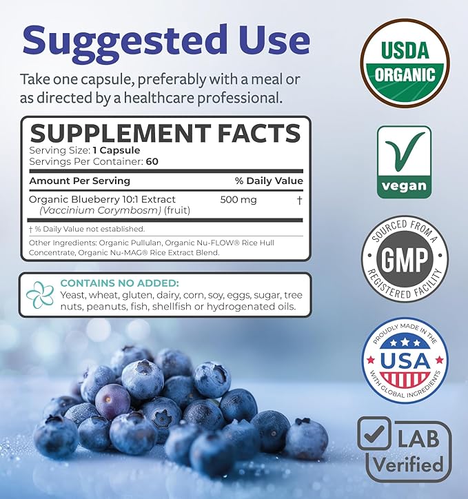 USDA Organic Blueberry Extract Capsules - High Potency Organic Blueberry 500mg 10:1 Extract Per 1 Capsule Serving - Blueberry Supplement for Brain & Immune Support - Vegan Non-GMO (2 Month Supply)
