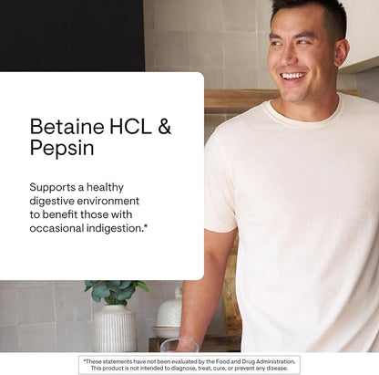 THORNE - Betaine HCL & Pepsin - Digestive Enzyme & Hydrochloric Acid Supplement for Protein Digestion & Occasional Gas or Bloating Relief* - Third-Party Certified - Gluten & Dairy-Free - 225 Capsules