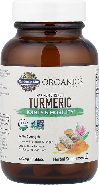 Garden of Life Organics Maximum Strength Turmeric Joints & Mobility Support 30 Tablets - 500mg Curcumin (95% Curcuminoids) Black Pepper - Organic Non-GMO Vegan & Gluten Free Herbal Supplements