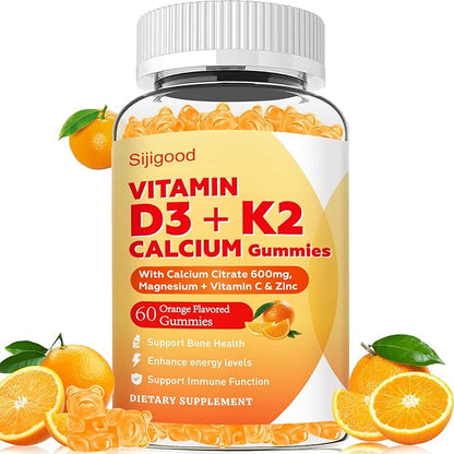 Vitamin D3 K2 Gummies for Women & Men, 6-in-1 Vitamin D Supplements with Magnesium, Zinc and Calcium for Bone, Immune & Energy Support, Sugar Free, Orange Flavor, 60 Count