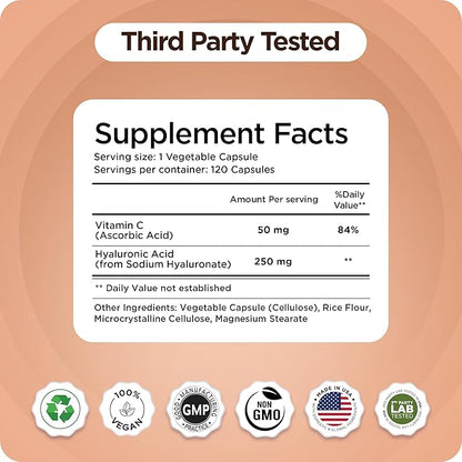 Pure Hyaluronic Acid Supplement 250mg with Vitamin C 50mg, 120 Vegan Capsules - Skin Hydration for Natural Glow, Hair, Nails, Bone & Joint Health Formula