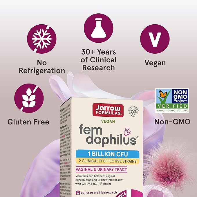 Jarrow Formulas Fem-Dophilus Vaginal Probiotics 1 Billion CFU With 2 Science-Backed Strains, Dietary Supplement For Vaginal & Urinary Tract Support, 60 Capsules, 60 Day Supply, Shelf-Stable Probiotics