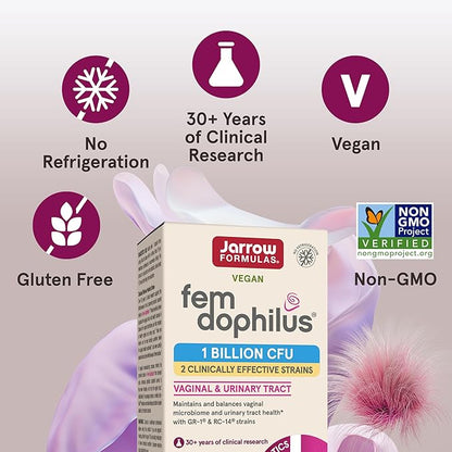 Jarrow Formulas Fem-Dophilus Vaginal Probiotics 1 Billion CFU With 2 Science-Backed Strains, Dietary Supplement For Vaginal & Urinary Tract Support, 60 Capsules, 60 Day Supply, Shelf-Stable Probiotics
