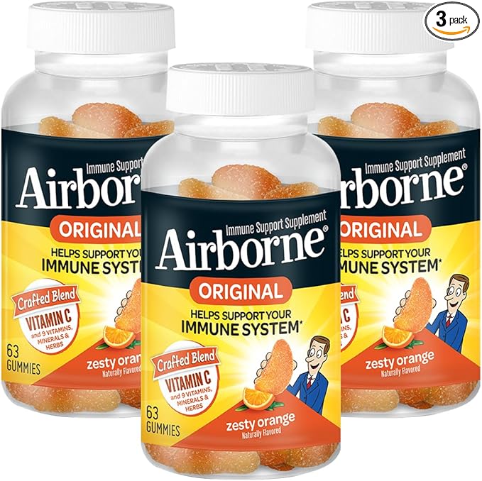 Airborne 750mg Vitamin C Immune Support Supplement Gummies for Adults, Zesty Orange Flavor, Gluten Free Crafted Blend with Powerful Antioxidants Vitamins A C & E, 63 Gummies (3 Pack)