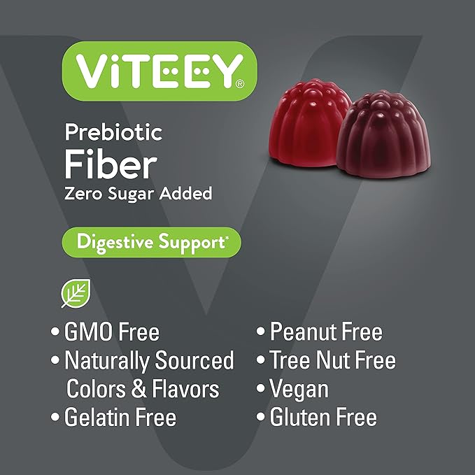 Viteey Prebiotic Fiber Gummies for Adults, 4g - Gut Health & Digestive Soluble Fiber Supplement Gummies - Zero Sugar Added, Vegan, Gluten-Free - 60 Count