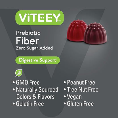 Viteey Prebiotic Fiber Gummies for Adults, 4g - Gut Health & Digestive Soluble Fiber Supplement Gummies - Zero Sugar Added, Vegan, Gluten-Free - 60 Count