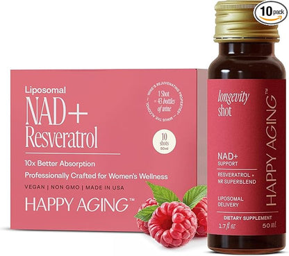 Happy Aging Liquid NAD+ Supplement for Women | Liposomal Nicotinamide Riboside & Resveratrol Shots for Energy, Skin Health & Brain Fog | NMN Alternative with Antioxidants | 10 Shots, 30-Day Supply