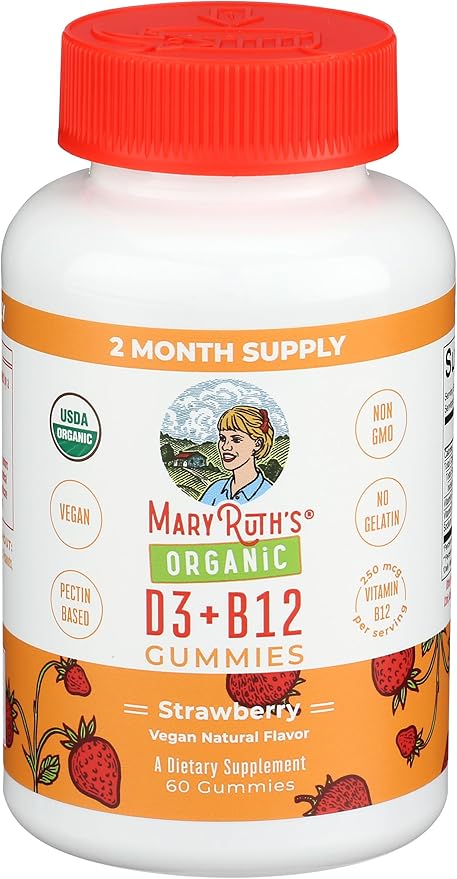 MARYRUTH'S Organic Vitamin D3 + B12 Gummies for Ages 4+ | Bone Health | Immune Support | Energy Metabolism | Cognitive Function | Vegan | Non-GMO | Gluten Free | 60 Servings | 2 Month Supply