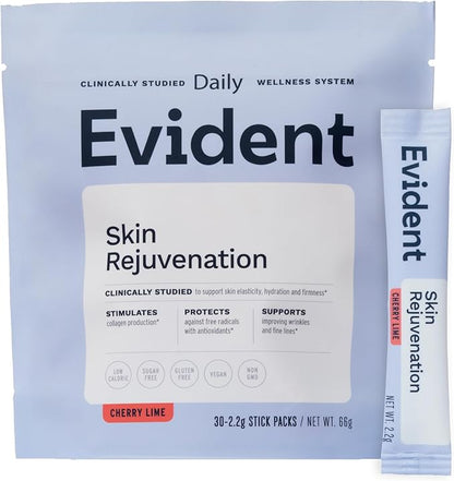 Skin Rejuvenation Powder – Collagen Supplement w/Resveratrol, Sodium Hyaluronate, CollaBZEn, Vitamins C & E – Supports Elasticity, Hydration, Firmness – 30 Stick Packs, Cherry Lime