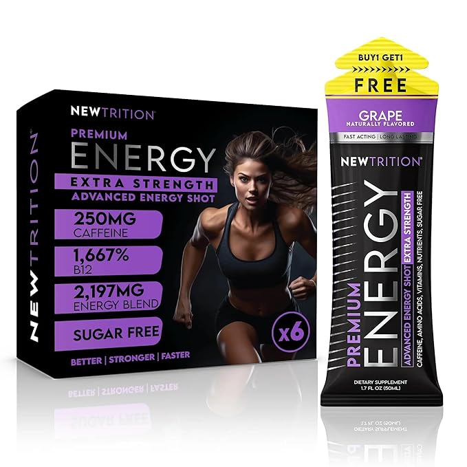 NewTrition® Extra Strength Energy Shots, 1.7 fl oz - 250mg Caffeine with Vitamin B & Amino Acids, Sugar-Free, Zero Calorie Vitamin Energy Drink for Focus & Endurance (Pack of 6, Grape)