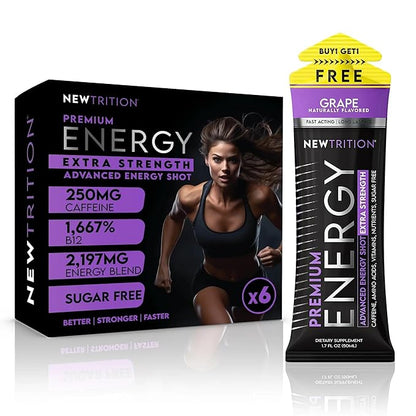 NewTrition® Extra Strength Energy Shots, 1.7 fl oz - 250mg Caffeine with Vitamin B & Amino Acids, Sugar-Free, Zero Calorie Vitamin Energy Drink for Focus & Endurance (Pack of 6, Grape)