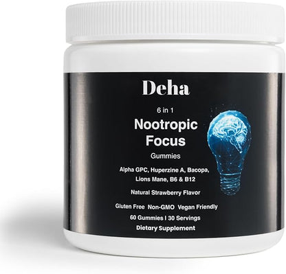 Deha Focus Gummies Nootropic Brain Supplement with Vitamin B6 Vitamin B12, Alpha GPC, Huperzine A, Bacopa Monnieri, Lions Mane Mushroom Gummies – Vegan, Non-GMO, Gluten-Free – 60 Gummies