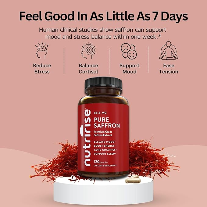 NutriRise Saffron Supplements 120 Capsules, 88.5mg Pure Extract - 4 Month Supply for Mood, Energy, Sleep, Stress & Cortisol Support - Non-GMO, Vegan & Gluten-Free for Women & Men