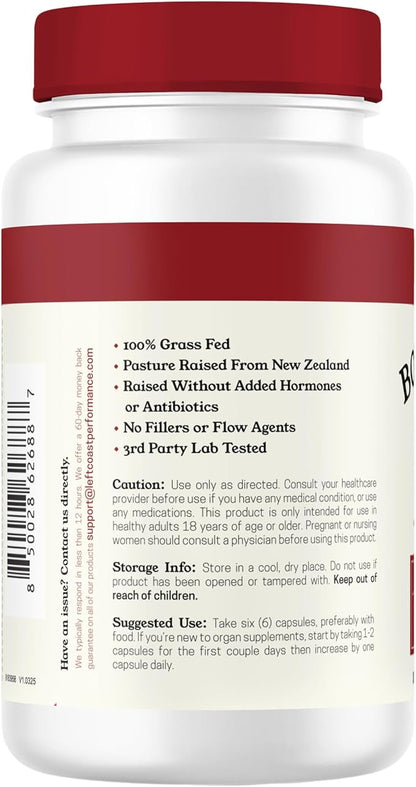 Left Coast Performance Grass Fed Bovine Blood and Beef Liver Supplement –100% Grass Fed, New Zealand Pasture Raised Beef Organs - Natural Blood Builder, Non GMO, Freeze Dried –180 Capsules