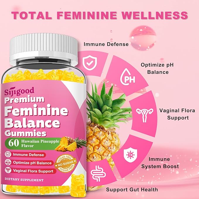 Feminine Balance Gummies for Women, Premium PH Balance Supplement with Vitamin C & D for Women's Vaginal Health & Immune Support, Vegan, Pineapple Flavor, 60 Count