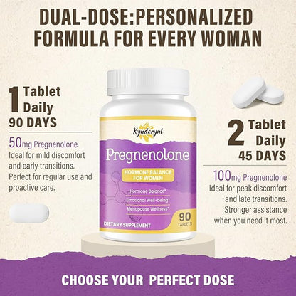 Pregnenolone with Ashwagandha for Women, Pregnenolone 100mg (2 Tablets) or 50mg (1 Tablet) Dose, 8-in-1 Formula with DHEA, Black Cohosh, Dual-Dosing, Vegan, Gluten Free, 30 Chewable Tablets