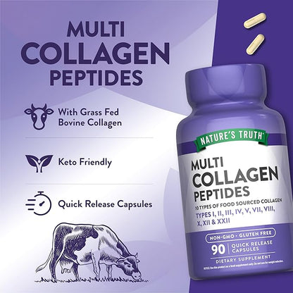 Nature's Truth Multi Collagen Peptides Capsules | Types I, II, III, IV, V, VII, VIII, X, XII & XXII | 2000 mg | 90 Count | Keto Friendly | Non-GMO and Gluten Free Supplement