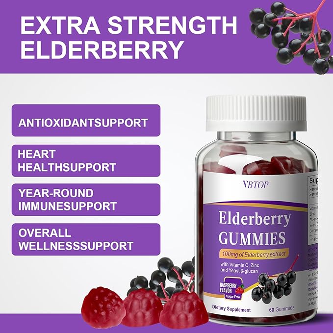 5-in-1 Sambucus Elderberry Immune Gummies, Daily Immune Support for Adults & Kids 4+, with Vitamin C, Zinc, Gluten Free, Vegetarian, Natural Sugar-Free Elderberry Supplement, 120 Gummies