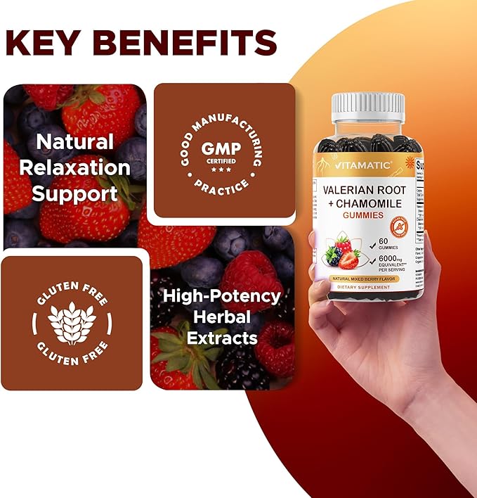 Vitamatic Valerian Root & Chamomile Gummies – Plant-Based Botanical Extract – Mixed Berry Flavor – Vegan, Non-GMO, Gluten-Free – Herbal Supplement – 60 Count