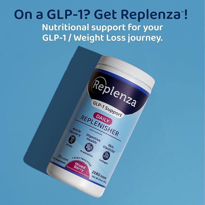 Replenza Daily Replenisher Nutritional Support Powder – Muscle Recovery, Digestive Health & Skin Elasticity Mix of Amino Acids, Prebiotics and Collagen Peptides – Mixed Berry Flavored, 30 Scoops