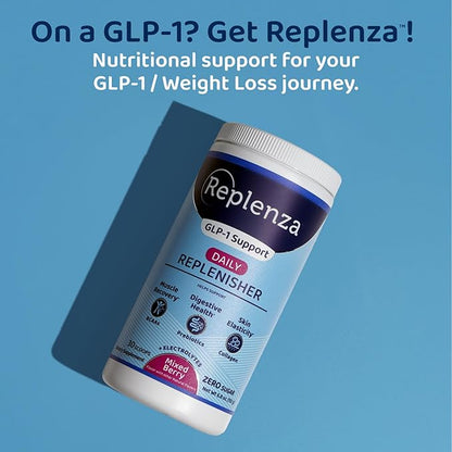 Replenza Daily Replenisher Nutritional Support Powder – Muscle Recovery, Digestive Health & Skin Elasticity Mix of Amino Acids, Prebiotics and Collagen Peptides – Mixed Berry Flavored, 30 Scoops