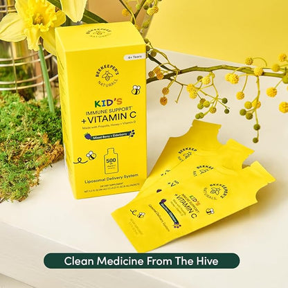 Kid's Immune Liposomal Vitamin C by Beekeeper's Naturals, 500 mg Vitamin C, Elderberry, Vitamin D, Propolis & Honey, Kid-Friendly Immune Support - Mixed Berry Flavor, Easy to Use, Bioavailable, 12 Ct