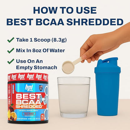 BPI Sports Best BCAA Shredded - Caffeine Free Thermogenic Recovery Drink, Lean Muscle Building BCAA Powder for Women and Men, Preworkout BCAAs Amino Acids Drink- Fruit Punch - 25 Servings