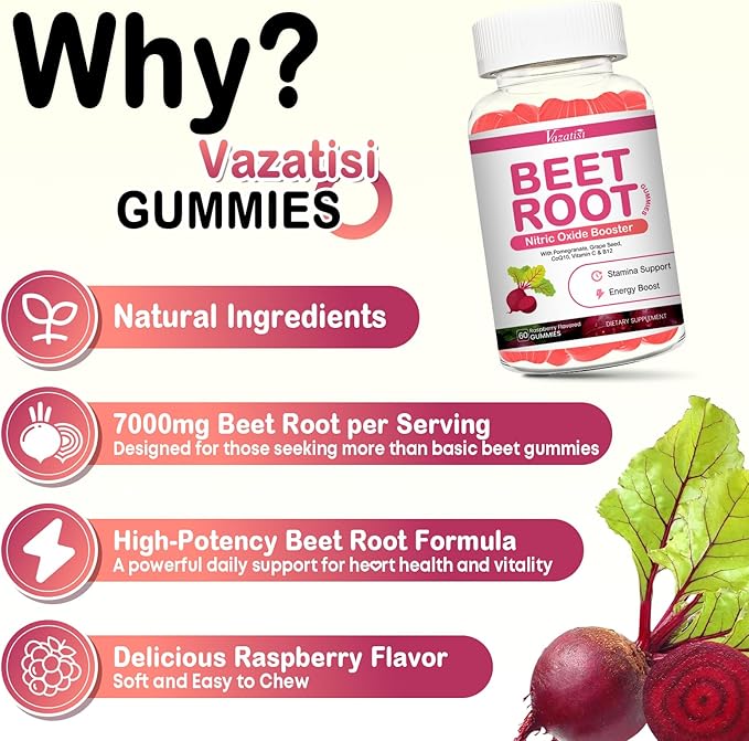 Beet Root Gummies – Nitric Oxide Beetroot Gummies with Coq 10, Grape Seed, Pomegranate for Circulation & Energy Support – Vegan, Non-GMO, 60 Beet Chews