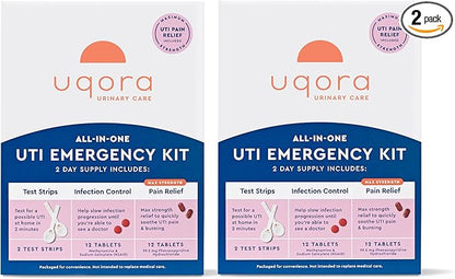 Uqora UTI Emergency Kit - Comes with 2 Urinary Tract Infection Test Strips, 12 UTI Pain Relief Tablets & 12 Infection Control Tablets - Urinary Tract Support - Maximum Strength - 2 Pack