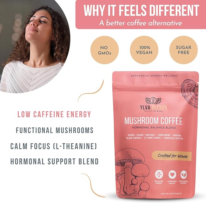 Mushroom Coffee for Women by Ylva Blends – Instant Mushroom Coffee for Hormone Balance, Perimenopause & Menopause – 36 Servings – Low Caffeine with 5 Adaptogens, Black Cohosh & L-Theanine