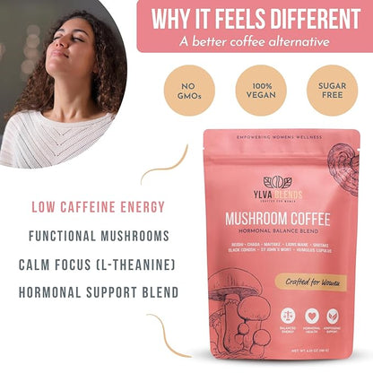 Mushroom Coffee for Women by Ylva Blends – Instant Mushroom Coffee for Hormone Balance, Perimenopause & Menopause – 36 Servings – Low Caffeine with 5 Adaptogens, Black Cohosh & L-Theanine