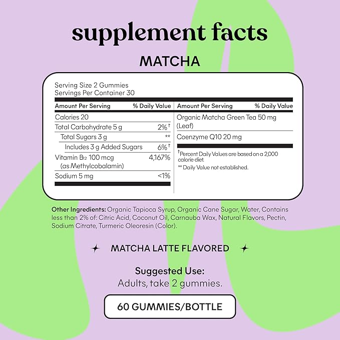 Lemme Matcha Superfood Energy Gummies with Organic Matcha Green Tea, Vitamin B12 and Antioxidant Coenzyme Q10 to Support Cellular Energy, Metabolism & Healthy Skin - Gluten Free, Non GMO (60 Count)