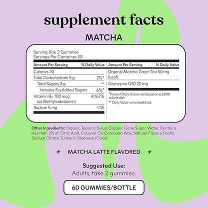 Lemme Matcha Superfood Energy Gummies with Organic Matcha Green Tea, Vitamin B12 and Antioxidant Coenzyme Q10 to Support Cellular Energy, Metabolism & Healthy Skin - Gluten Free, Non GMO (60 Count)