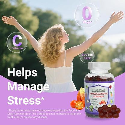 Organic Ashwagandha Gummies with Vitamin D3 - Stress Relief & Immune Support, Vegan Non-GMO, Gluten Free, Mixed Berry Flavor (60 Count)