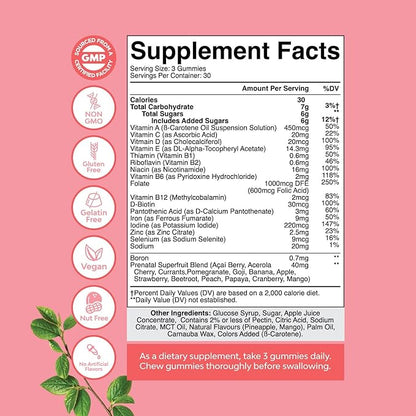 Natures Craft Vegan Prenatal Gummies for Women - Gummy Prenatal Vitamins for Women with Iron Folic Acid and Superfruit Blend - Chewable Vitamins Gummy Formula (Pineapple Mango) - 90 Count