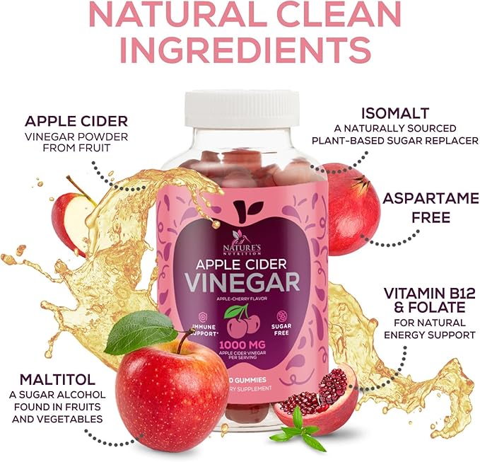 Apple Cider Vinegar Gummies 1000mg Per Serving - Sugar Free ACV Gummy Vitamins Supplement with Vitamin B12 for Energy - Keto Friendly Digestion, Detox, Cleanse Support, Vegan, Non-GMO - 120 Gummies