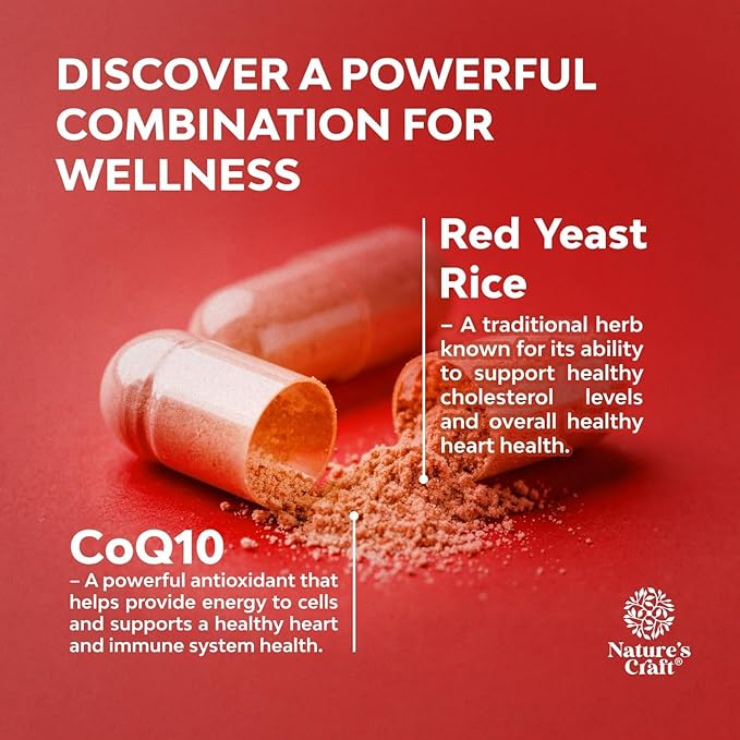 Red Yeast Rice with CoQ10 Supplement - Advanced Healthy Heart & Healthy Cholesterol Levels Formula for Men & Women - Red Yeast Rice Capsules with 1200mg per Serving and CoQ10-240 Count