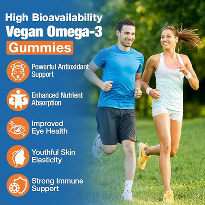 Omega-3 Gummies for Adults, Orange Flavor – Sugar-Free, Algae-Derived DHA 600mg & EPA 300mg, with Vitamins A, C, E, Zinc, 60 Gummies