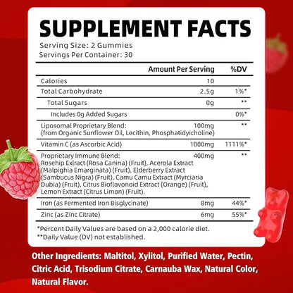 Liposomal Vitamin C 1000mg Gummies for Adults, Vitamin C Chewable with Iron, Zinc & Elderberry for Immune Support & Energy, Sugar Free, RaspberryFlavor, 60 Count