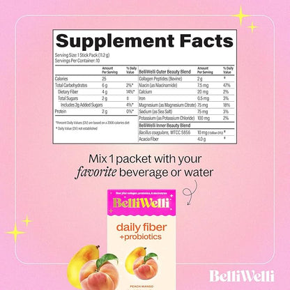 Belli Welli Fiber Supplement, Probiotics Fiber Powder Travel Pack for Women with Collagen & Electrolytes for Daily Gut Health & Debloating, Peach Mango, 10 Packets