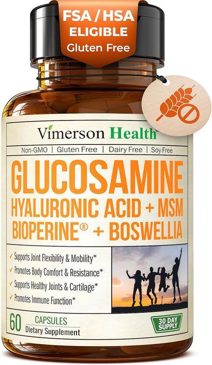 Joint Support Supplement with Glucosamine Sulfate, Hyaluronic Acid, Boswellia & MSM – Supports Joint Health, Mobility & Bone Strength – for Daily Use – FSA Eligible 60 Capsules