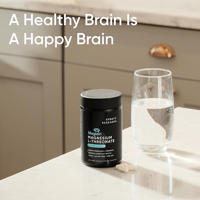 Sports Research® Magnesium L-Threonate Capsules 2000mg - High-Absorption Magtein® for Enhanced Brain Health, Memory, Focus & Restful Sleep Support - Vegan · Non-GMO · Gluten Free - 180 Count