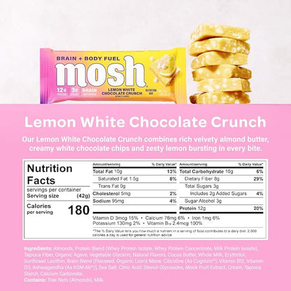 MOSH Lemon White Chocolate Keto Protein Bars, High Fiber, Low Carb, Gluten Free, High Protein, Brain Healthy Snack, 12 Count