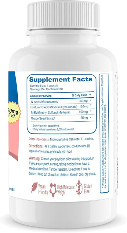 Hyalogic 120 Mg Hyaluronic Acid Delayed-Release Capsules – Skin Supplement w/Glucosamine MSM – Body Health Food Supplement w/Grape Seed Extract – Vegan & Non-GMO Dietary Supplements (30 Count)