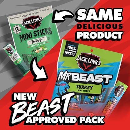 Jack Link’s x MrBeast Turkey Mini Sticks, As Seen on Beast Games, 8g Protein, Made with 100% All Natural Turkey, Zero Sugar, Pantry-Ready Snacks, 12 Count