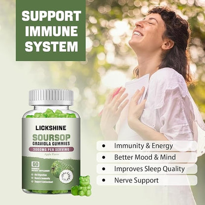 lickshine 2 Pack Soursop Graviola Gummies - 3000mg Extra Strength Soursop Leaves Supplement with Vitamin C, Zinc - Digestive Aid, Immune Support & Antioxidant - Sugar-Free, Non-GMO, Vegan, 120 Counts