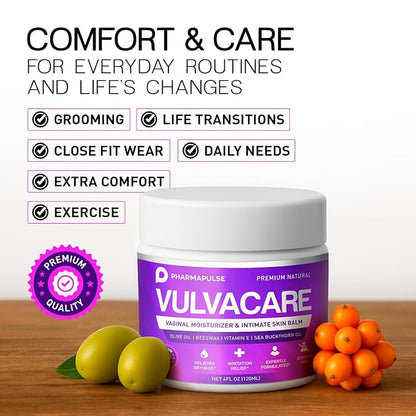 Pharmapulse Organic Vaginal Moisturizer, Vulva Balm Cream, Intimate Skin Care, Menopause Support - Relieves Dryness, Itching, Burning, Redness, Chafing, Odor, Irritation - Estrogen Free 4oz