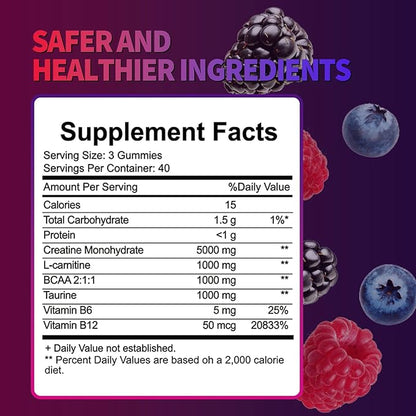 Creatine Monohydrate Gummies 8000 mg for Men & Women, Creatine Supplement for Enhanced Muscle Growth, Energy Boost - with L-Taurine, Sugar Free, Vegan, Raspberry BlackBerry Blueberry Flavor-120 Count