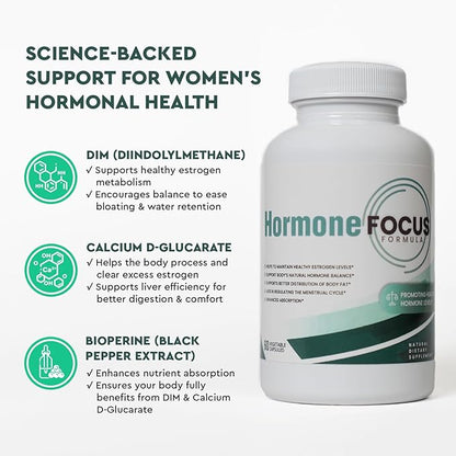 Hormone Focus – Estrogen Balance for Women - DIM Supplement with Diindolylmethane, Calcium D-Glucarate & BioPerine – Supports Hormonal Health, Mood, Energy, Mental Clarity, Clear Skin & Weight