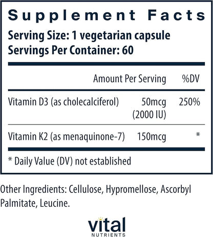 Vital Nutrients Vitamin D3 + K2-2000 IU - Vitamin D3 K2 Supplement - Vitamin D Complex for Healthy Calcium Levels, Muscle & Bone Health - Gluten, Dairy, Soy Free - 60 Capsules